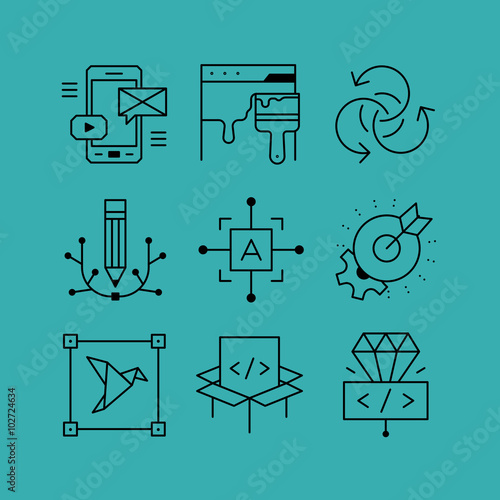 Set of line vectors icons in the flat style. Programming and design, site redesign, mobile apps, digital art.