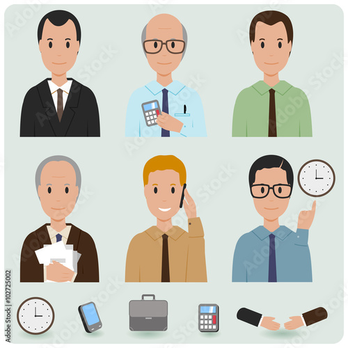 Business men and business icons. Vector Illustration set