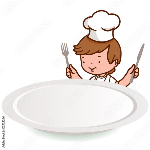 Chef boy holding a fork and a knife over an empty plate. Vector Illustration