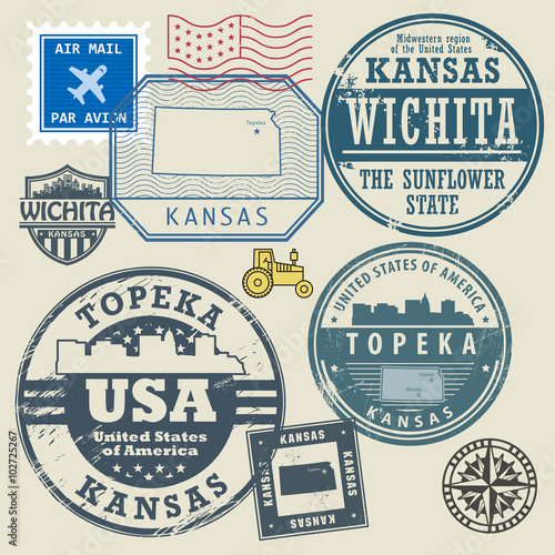 Stamp set with the name and map of Kansas, United States
