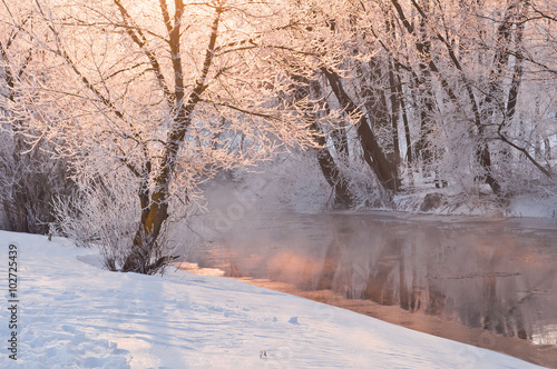 Winter landscape with frost covered trees on the river bank with © physyk