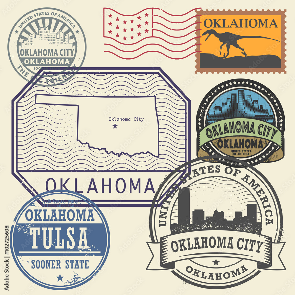Stamp set with the name and map of Oklahoma, United States