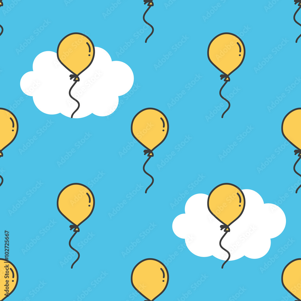 Cute colorful sky seamless pattern background with cartoon balloons and clouds.
