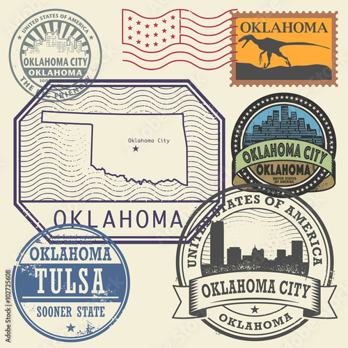 Stamp set with the name and map of Oklahoma  United States