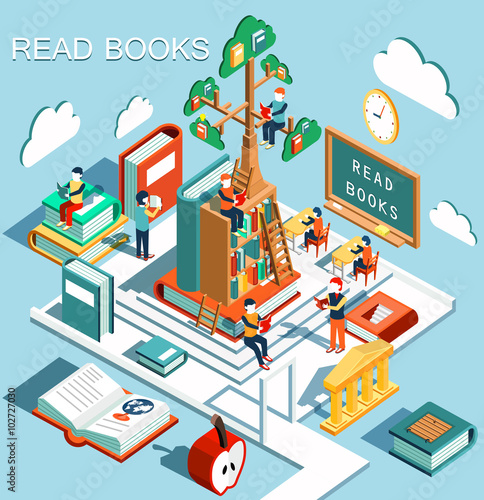 The concept of learning, read books in the library, tree of knowledge, isometric flat design vector