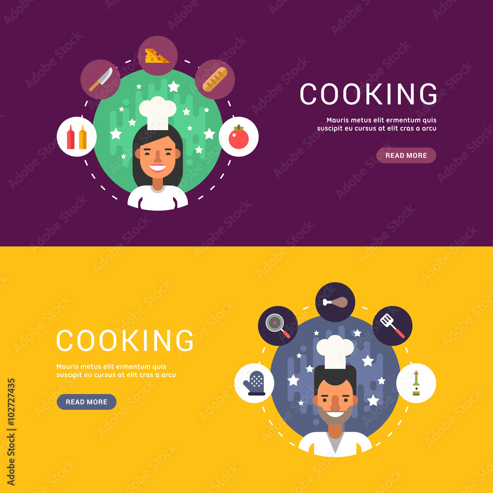Fototapeta premium Food and Cooking Icons and Chef Cartoon Character in Circle. Set of Vector Templates in Flat Design Style for Web Banners