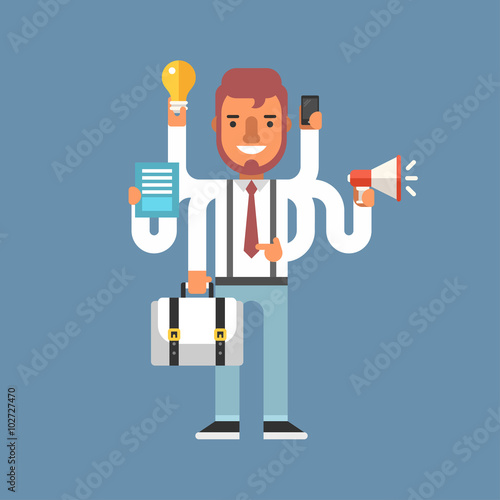 Businessman with Multitasking Skill. Business Concept. Flat Style Vector Illustration