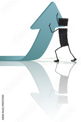 Raising an arrow. Stick figure making a great effort to lift an arrow.