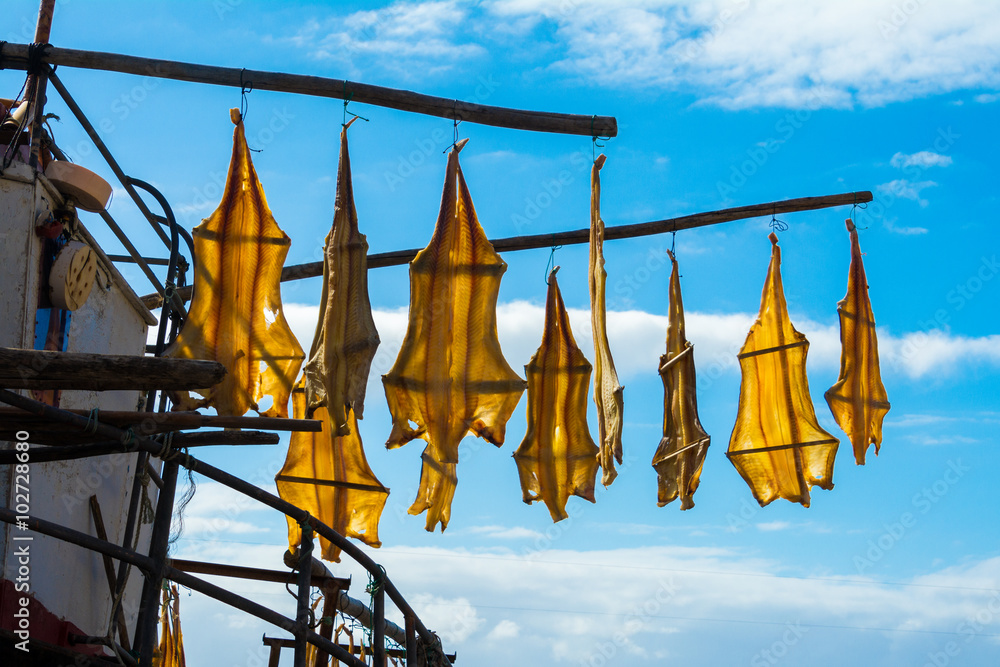 Stock fish skin hanging in Camara de Lobos, Madeira (Portugal)