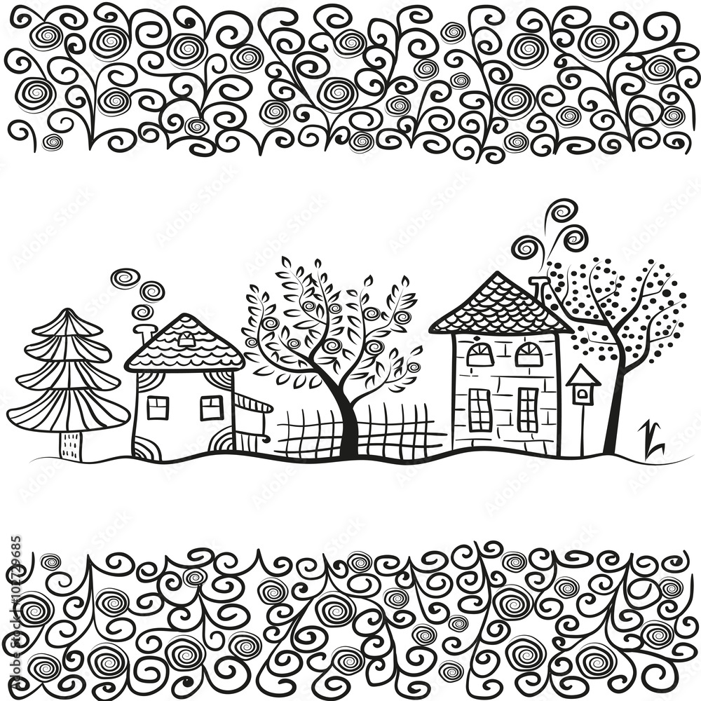 Doodle village landscape. Hand drawn houses and trees with swirl decorative borders. Sketch vector illustration. 