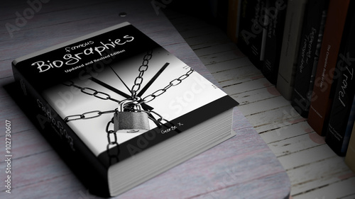 Hardcover book on Famous Biographies with illustration on cover, on wooden surface.