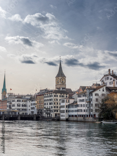 View of the riverside of the Limmat and the old town of Zurich - © gdefilip