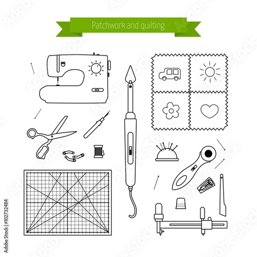 Patchwork line icons set. Quilting supplies and accessories icons. Vector outline icon collection