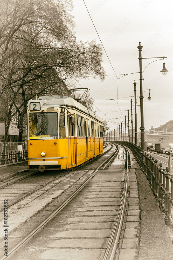 yellow tram on the embankment of Budapest