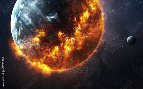 Abstract apocalyptic background - burning and exploding planet . This image elements furnished by NASA