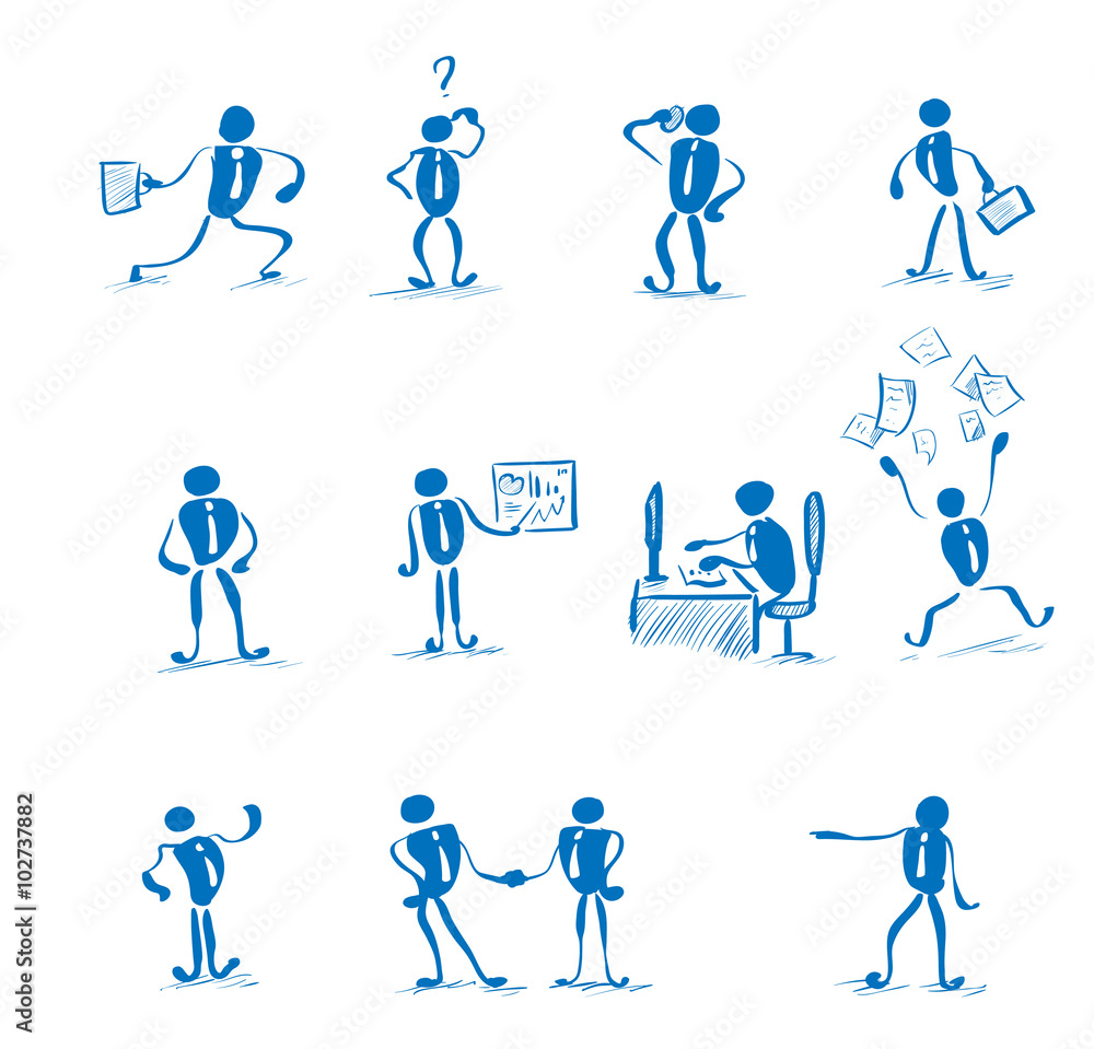 Business Man Working Set Daily Routine Hand Draw