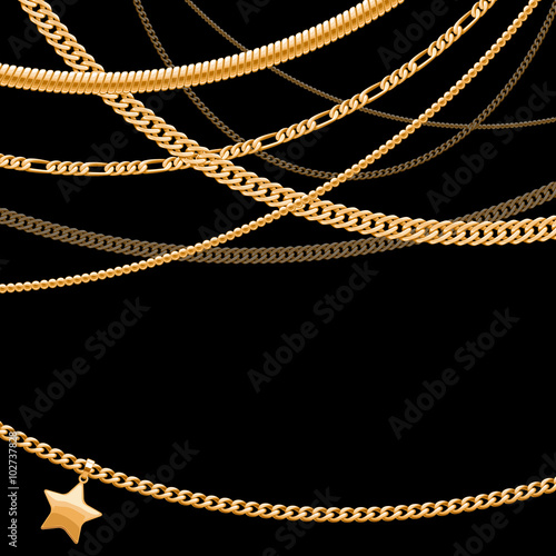 Golden chains on dark black background.