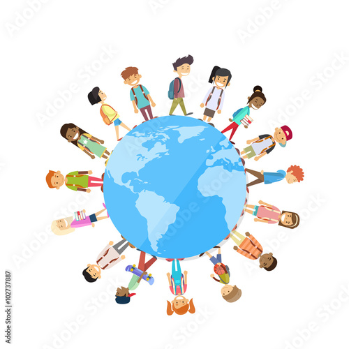 Children Group Standing Around Globe World Unity