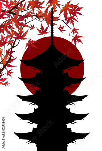 Japanese pagoda under maple tree photo