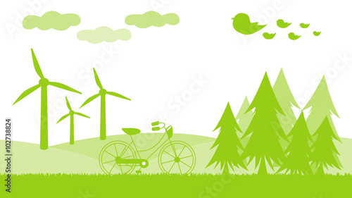 Green nature with bicycle and forest and windmills planet
