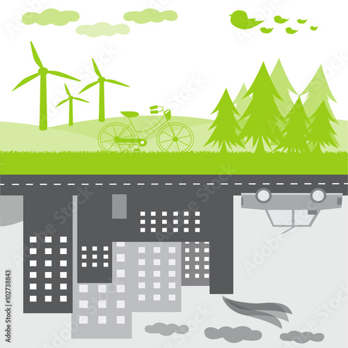 Clean nature with trees and dirty pollution city with car
