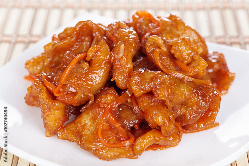 Chinese cuisine. Pork in batter and sweet and sour sauce Chinese cuisine. Pork in batter and sweet and sour sauce