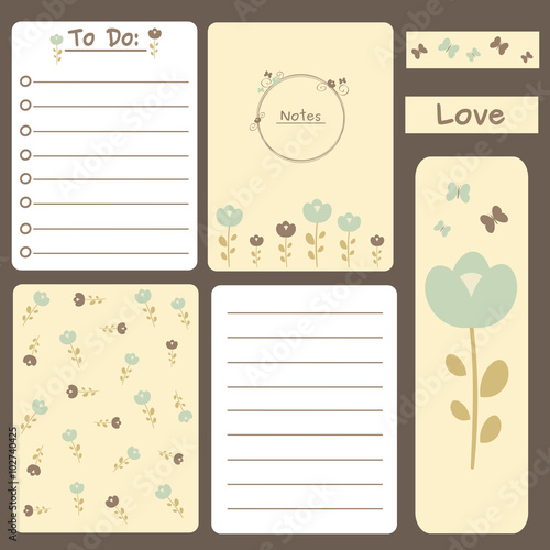 cute vector romantic printable journal cards, notes, to do list, stickers and bookmark with flowers illustration