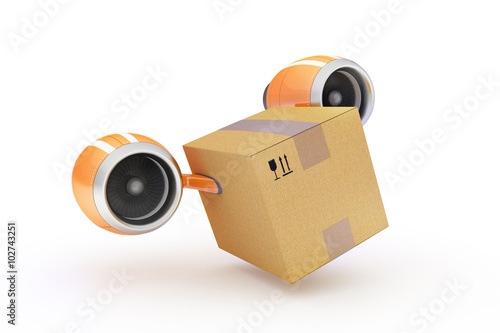 Fast delivery of cargo in a cardboard box on a white background photo