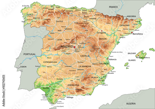 High detailed Spain physical map with labeling.