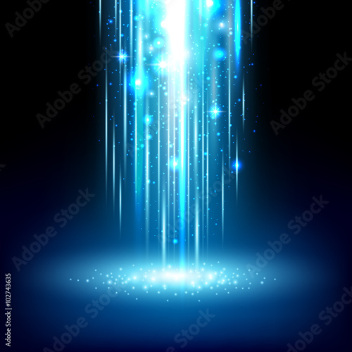 Magic light effect shiny sparkles falling abstract background.