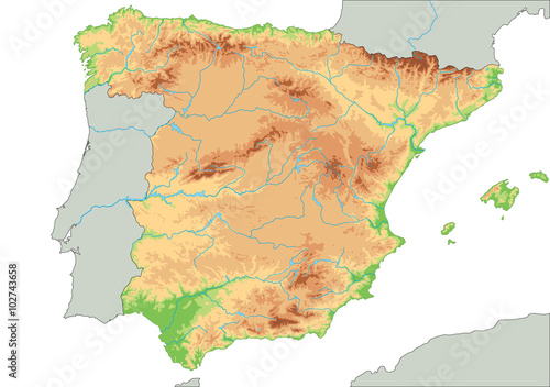 High detailed Spain physical map.
