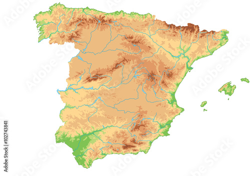 High detailed Spain physical map.