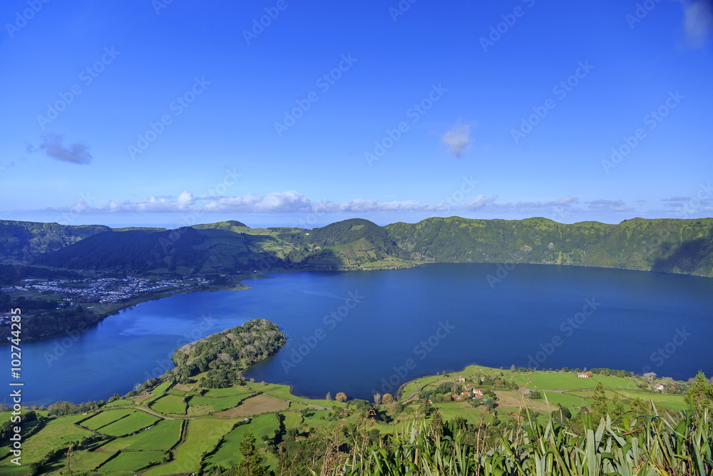 Peninsula on Lagoa Azul, landscape of San Miguel island, Azores