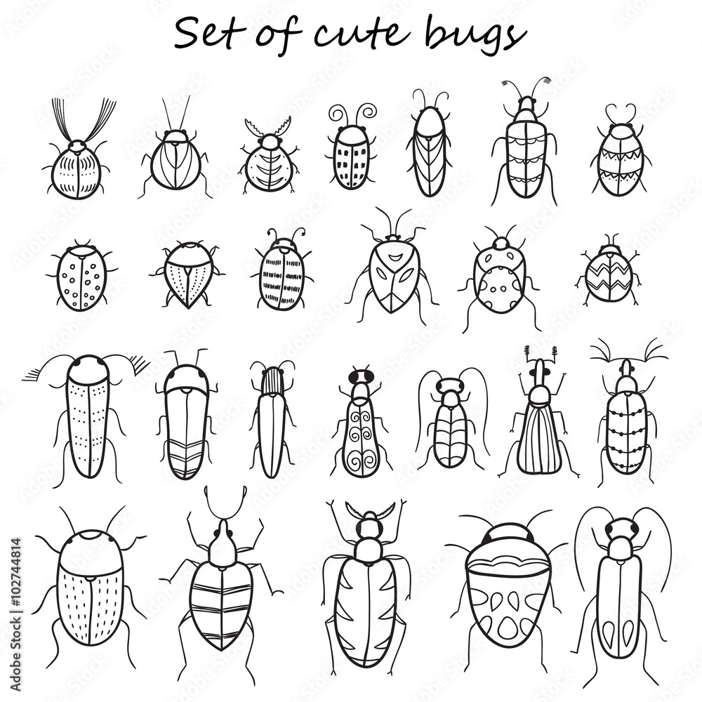 Naklejka premium Set of 25 cute cartoon insects in vector. Bugs doodle collection