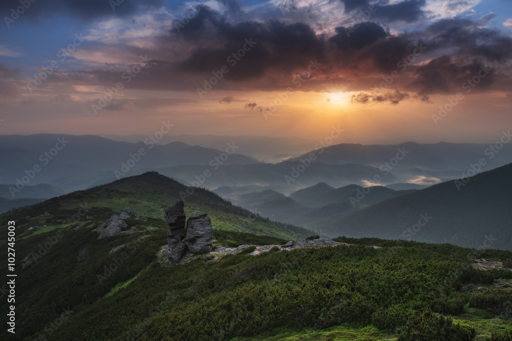 Carpathian Mountains. Colorful sunrise in the mountains