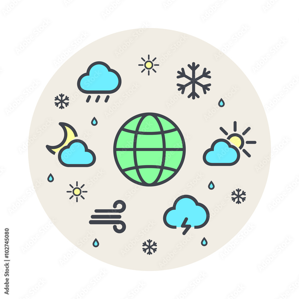 Weather and climate planet world line icon vector circle set. Gray