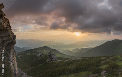 Carpathian Mountains. Panorama of sunrise in the mountains