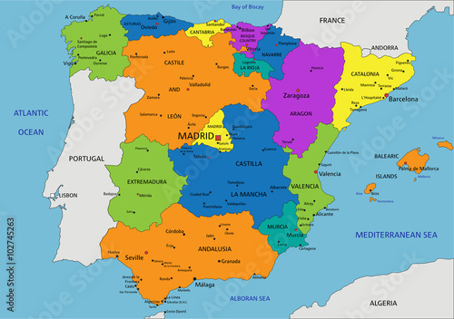 Colorful Spain political map with clearly labeled, separated layers. Vector illustration.
