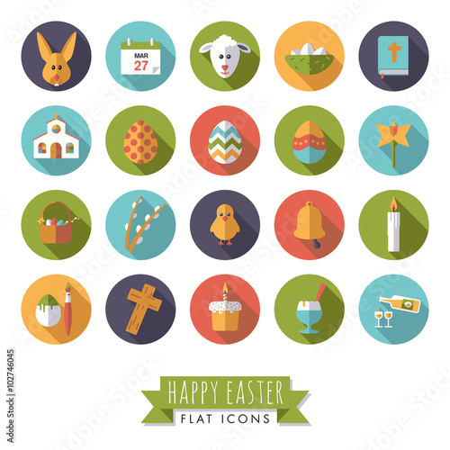 Easter Symbols Round Flat Design Icon Set