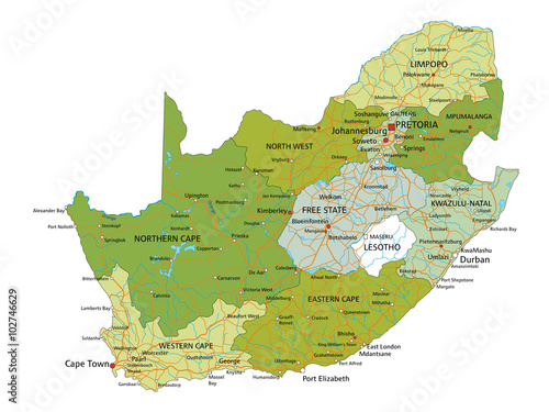 Highly detailed editable political map with separated layers. South Africa.
