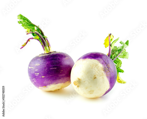 Purple and white turnips on white background
