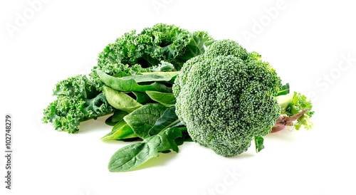 Macro of raw foods including broccoli, spinach and kale