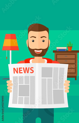 Reporter reading newspaper.