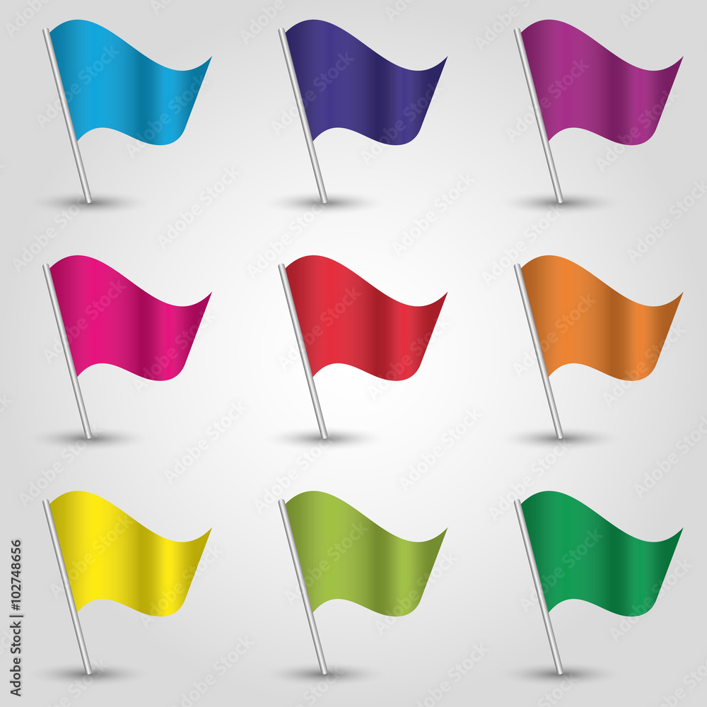 vector set of nine colored flag waving simple triangle icons of flags