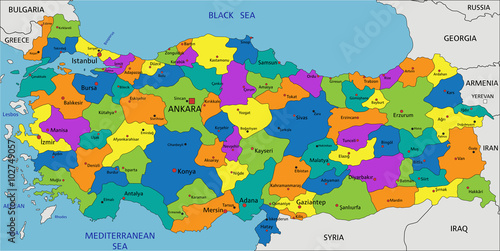 Colorful Turkey political map with clearly labeled, separated layers. Vector illustration.