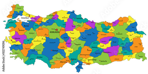 Colorful Turkey political map with clearly labeled, separated layers. Vector illustration.
