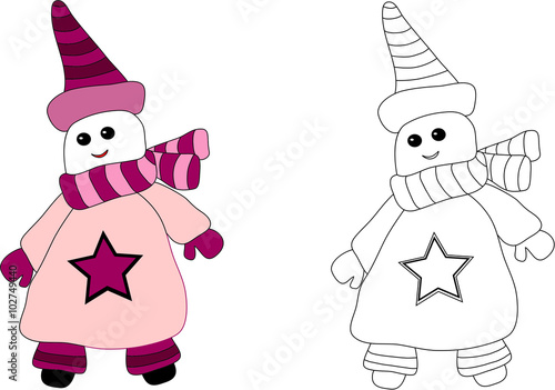 Snow man in clothes coloration on a white background