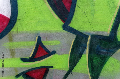 Detail of a graffiti art on a wall. Wall painted in green and re