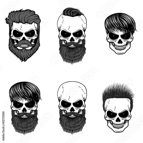 Set of bearded skulls. skulls with beard and hair