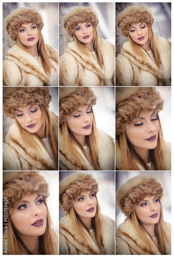 Attractive woman with brown fur cap and jacket enjoying the winter. Side view of fashionable blonde girl posing against snow covered bridge. Beautiful young female with cold weather outfit